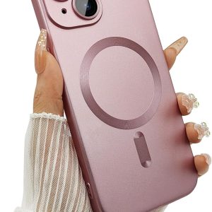 DIZORO Magnetic Case for iPhone 15 Case [Compatible with MagSafe][Built-in Camera Lens Protector] Slim Soft Silicone Bumper Shockproof Metallic Luster Back Cover Phone Case (Pink)